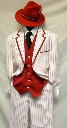 Zoot Suits Mens White with Red Stripe 3 Piece Milano Fortino 5908V White Tuxedo Wedding, Suit Costume, Striped Vests, Red Suit, Fashion Suits For Men