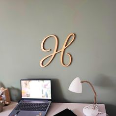 a laptop computer sitting on top of a desk next to a lamp and other items