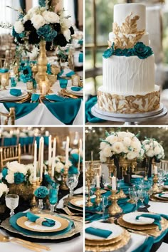 wedding cake and table setting with teal, gold and white flowers