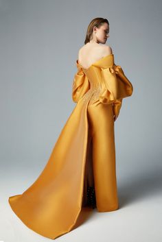 Description Yellow A-line, Long dress Puffed, Long Sleeves Off shoulder Open neckline Mikado, Beaded sequins Dry Clean Made in Lebanon SKU ga-6205 Long Puffy Sleeves, Navy Gown, Fitted Gowns, Cutout Gown, Mnm Couture, Off Shoulder Gown, Column Skirt, Dress Drape, Midi Dress Style