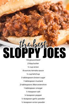 the best sloppy joes recipe on a white plate with text overlay that reads, the best sloppy joes