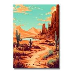 a desert scene with cactus, water and mountains in the background is featured on a canvas