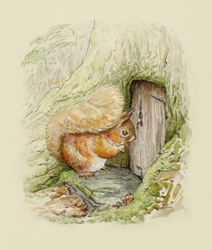 an illustration of a squirrel coming out of a door