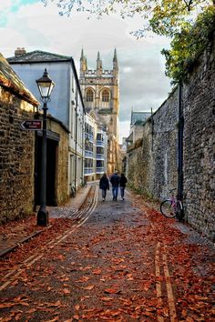 two people walking down an alley way with leaves on the ground and buildings in the background