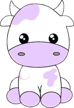 a cartoon cow with big eyes sitting down and looking at the camera, it's purple