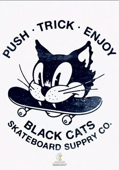 the black cat's skateboard supply logo is white and has an image of a cartoon cat on it