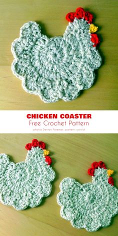 crocheted chicken coasters are shown in two different colors, one is green and the other is red