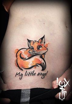 a woman with a tattoo on her stomach that says, my little angi and an orange fox