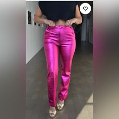 Be The Star Of The Show In Our Fuchsia Vegan Leather Metallic Pants. Features A Straight Leg Fit, Zip Up And Clasp Closure At The Front. Pants Have Belt Loops, Two Front Pockets &Amp; At The Back. Fabric Content: 50% Polyurethane, 50% Polyester Leslie Is 5'7 And A M/6 Wearing A Large (Looser Fit) Measurements: 36 X 29 X 41 Ashleigh Is 5'8 And A M/6 Wearing A Medium (More Fitted) Measurements: 36 X 28 X 40 Pink Metallic Pants Outfit, Pink Metallic Pants, Metallic Pants Outfit, Red Pantsuit, Brown Leather Pants, Koi Scrubs, Teal Leggings, Women Jogger Pants, Metallic Pants