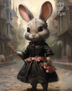 a painting of a rabbit dressed in a black dress and holding an umbrella on a cobblestone street