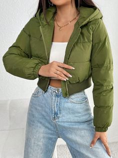 Zipper Vest, Olive Green Jacket, Cropped Vest, Padded Coat, Leather Vest, Khloe Kardashian, Winter Coats Women, Padded Jacket, Jacket Sale