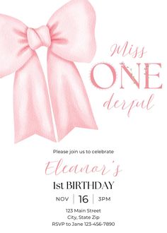 a pink bow birthday party card with the words miss onederapie on it