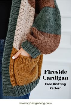 a close up of a person holding a handbag with text overlay that reads fireside cardigan free knitting pattern