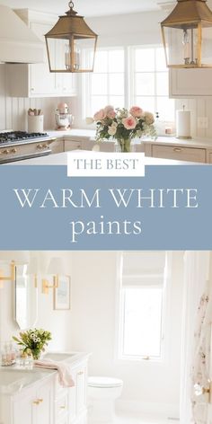 the best warm white paint colors for your kitchen and dining room, with text overlay