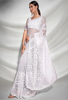 White Embroidery Saree, Saree And Blouse, Embroidery Saree, Stone Work