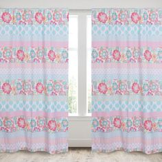 pink and blue curtains with flowers on them