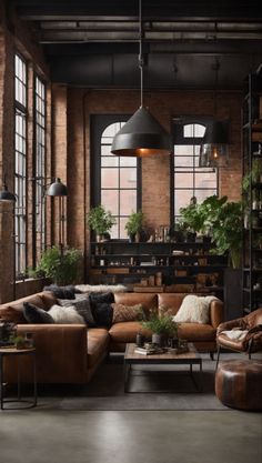 a living room filled with lots of furniture next to large windows and potted plants