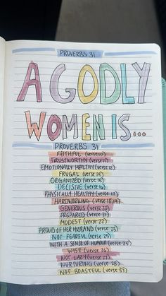 an open notebook with words written on it that read, accodly women is