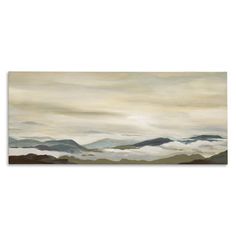 an abstract painting with mountains and clouds in the background on a white wall or floor