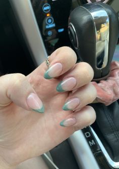 Greenish Blue French Tip Nails, Teal French Tip Nail Designs, Prom Nails Teal, Periwinkle French Tip Nails, Teal Prom Nails, Teal French Tips, Sage Green French Tip Nails, Teal French Tip Nails, Gel Acrylics