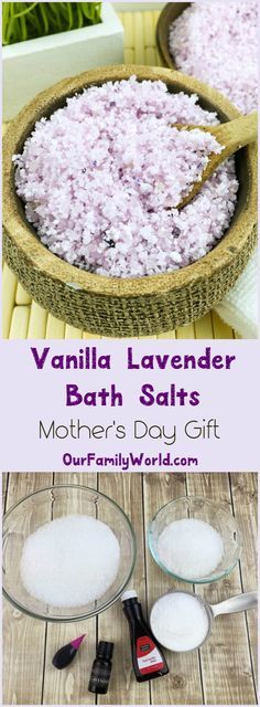 vanilla lavender bath salts for mother's day gift with text overlay that reads vanilla lavender bath salts mothers day gift