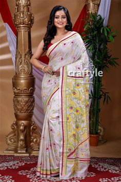 This is authentic hand embroidered Kantha Stitch Saree from Santiniketan, Birbhum district in Bengal. The unique multi-thread kantha embroidery design is entirely handcrafted by our skilled artisans. The most significant aspect of hand embroidery is the running stitch pattern that accentuates the various motifs. The running blouse piece is included with this soft silk saree. Saree Length : 5.5 meters Blouse Piece Length : 0.8 meters Design : Hand Kantha Work Fabric : Blended Bangalore Silk Washing : Dry Clean   Get this exclusive Hand Embroidered Kantha Saree online at Craftyle - The best online store for pure silk saree, tussar silk saree and cotton saree. -------------------------------- We regularly upload new premium products for you. So, kindly visit our shop: https://www.etsy.com/sho Kantha Stitch Saree, Stitch Saree, Kantha Sarees, Stitched Saree, Kantha Embroidery, Hand Painted Sarees, Kantha Work, Tussar Silk Saree, Kanchipuram Saree