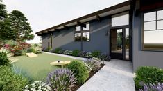 an artist's rendering of a modern house with landscaping and flowers in front of it