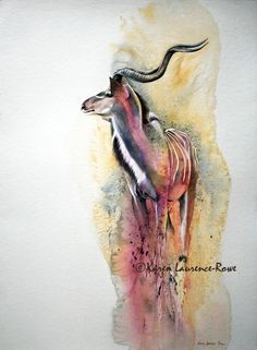 an animal painted with watercolors is standing in the middle of a white wall