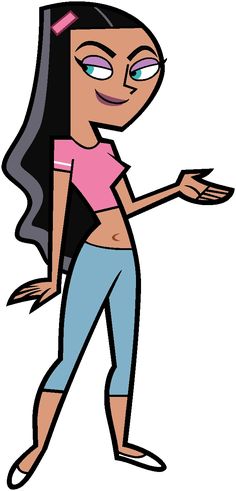 an animated girl with long black hair and pink shirt is holding something in her hand