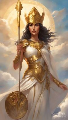 a painting of a woman dressed in gold and white holding a spear with clouds behind her