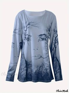 Olivia Mark - Tree Print Crew Neck T-Shirt, Casual Long Sleeve Top For Spring & Fall, Women's Clothing Blue Printed Crew Neck Top, Blue Crew Neck Top With Printing, Relaxed Fit Long Sleeve Tops With Print, Boho Fabric, Long Sleeve Tops Casual, Tree Print, Olivia Mark, Spring And Fall, Long Sleeve Top