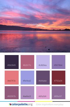 the color palette is shown in shades of pink, purple and blue with an orange sky