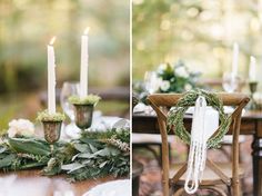 the table is decorated with greenery and candles