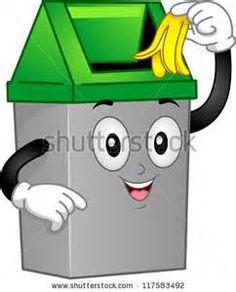 a cartoon garbage can character with a banana on his head and hands in the air