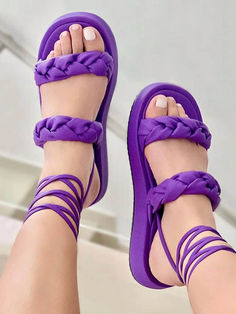 DETAILS Braided Double strap Lace-up Flat heel Door Shoes, Summer Dresses Shoes, Purple Sandals, Gladiator Shoes, Elegante Y Chic, Lace Sandals, Double Strap Sandals, Modern Sandals, Womens Gladiator Sandals