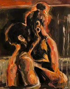 an oil painting of two people sitting on the ground with their backs to each other