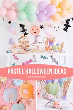 pastel halloween party with balloons and decorations