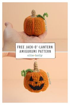 a crocheted pumpkin ornament hanging from a string with the words free jack - o'lantern amigurmi pattern on it