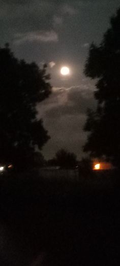 the full moon is seen in the sky above some trees at night with lights on