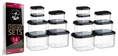 set of 12 glass containers with lids and black lids for food storage, each containing 1 / 4 liter