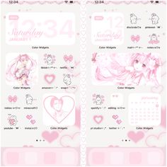 a pink calendar with hearts and anime characters