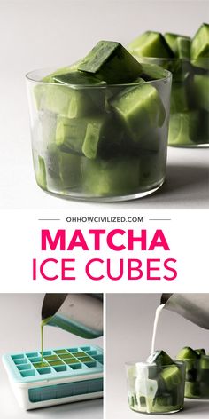 green ice cubes are being poured into a glass bowl with the text matcha ice cubes