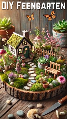 an image of a miniature garden with flowers and plants on it that says diyfeengaten