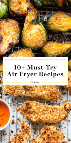 air fryer fried eggplant with sauce on top and the title overlay reads 10 must - try air fryer recipes