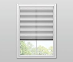 a white window with blinds on it and trees in the backgroung behind