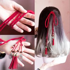 Hanfu Hair, Rope Tassel, Ancient Costume, Ladies Hair, Chinese Hair Accessories, Red Rope, Chinese Hairstyle, Red Head, Hair Reference