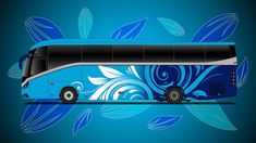 a blue and white bus with floral designs on it's side, against a blue background