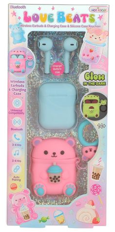 the packaging for an earphone and charger set in pink with blue bear design