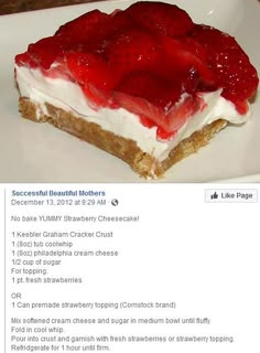 a piece of cake with strawberries on top is sitting on a plate next to the recipe