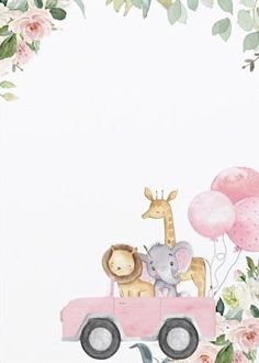 a pink truck with giraffes and balloons in the back is surrounded by flowers